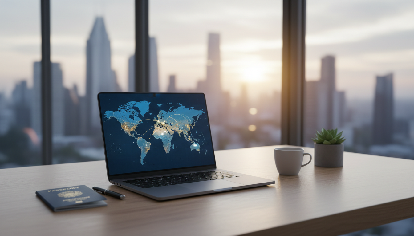 A photorealistic image of a professional workspace with a sleek laptop displaying a world map interface with connecting lines between countries, a passport on the desk, and a blurred background of a modern city skyline through a window, symbolizing global business connectivity.