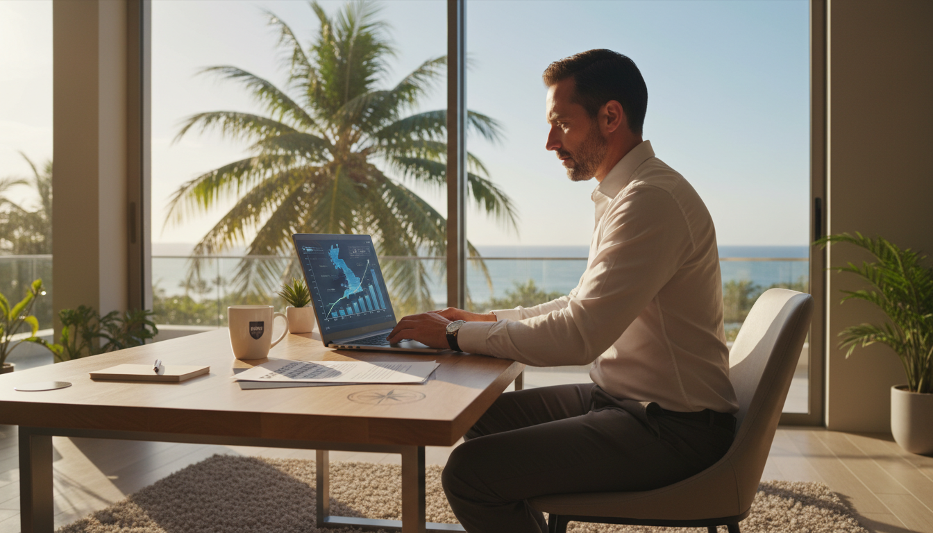 A photorealistic, high-quality image of a professional expatriate sitting at a sleek, modern desk in a sunlit home office with a view of a tropical palm tree outside the window. On the desk, there is a laptop displaying a UK map and business charts, alongside a clearly visible document titled 'Professional Indemnity Policy'. The lighting is professional and warm, emphasizing a focus on global business connectivity.