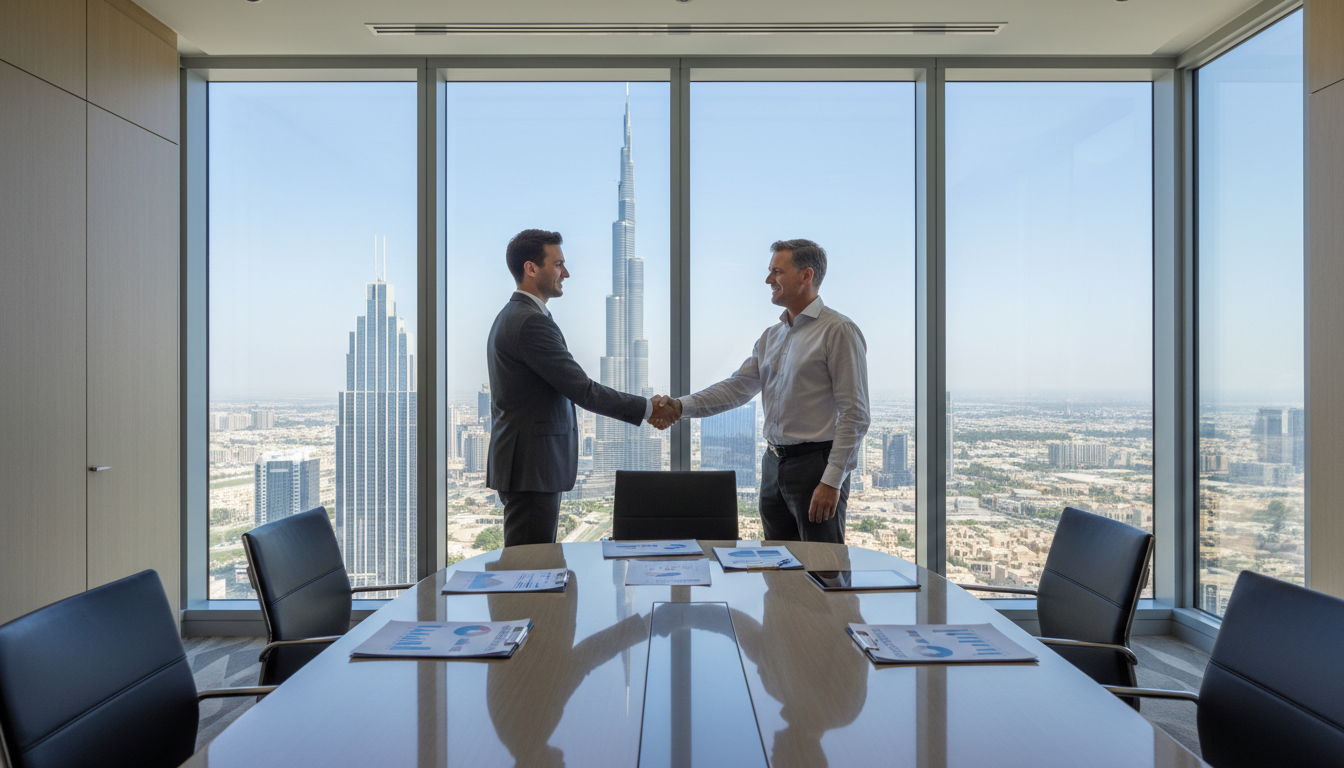 A high-quality, photorealistic wide shot of a modern, glass-walled conference room in a high-rise Dubai office building. A professional business consultant in a suit is shaking hands with a confident expatriate client. Through the large windows, the iconic Burj Khalifa and Dubai skyline are clearly visible under a bright blue sky. The table is neat with business plans and a tablet, symbolizing a successful agreement. Cinematic lighting, 8k resolution.
