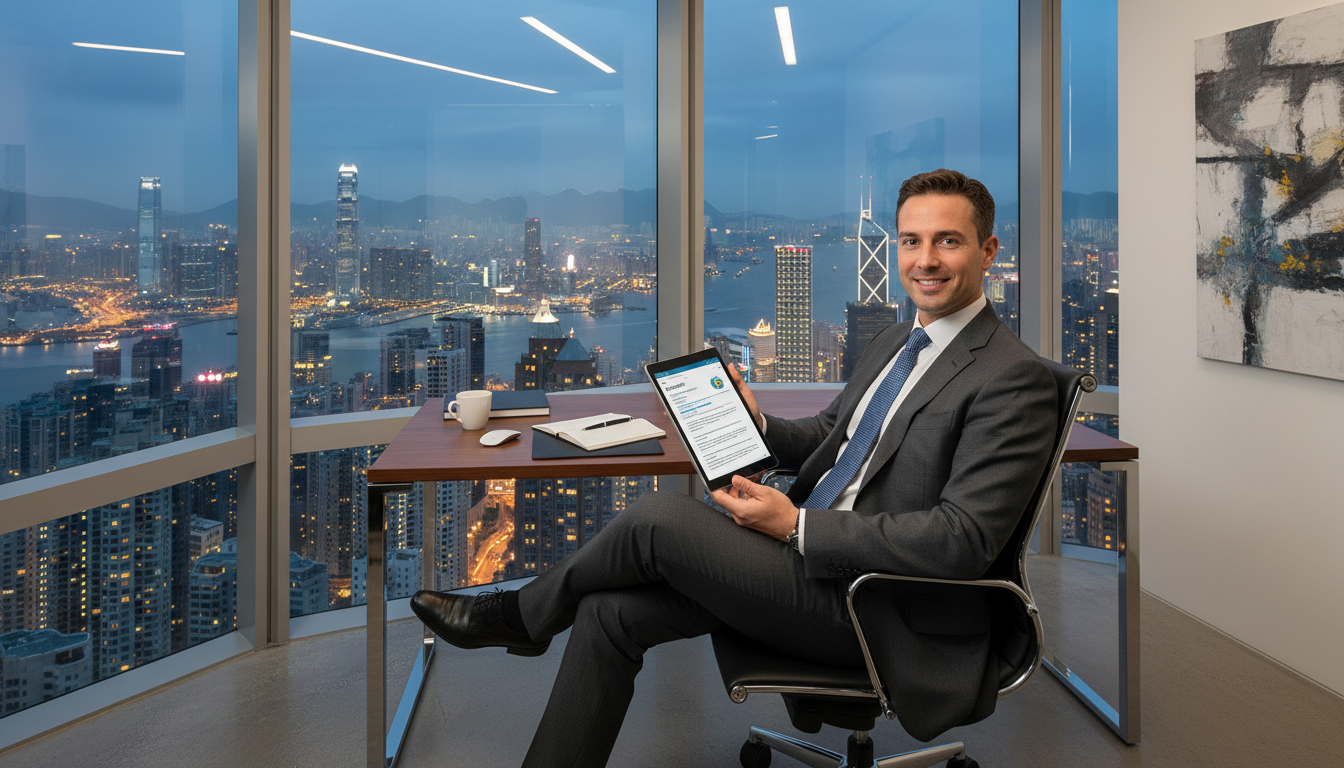 A professional expat entrepreneur in a modern, glass-walled high-rise office overlooking a global city skyline like Hong Kong or London, reviewing a digital insurance policy on a tablet with a calm and confident expression, photorealistic, 8k resolution