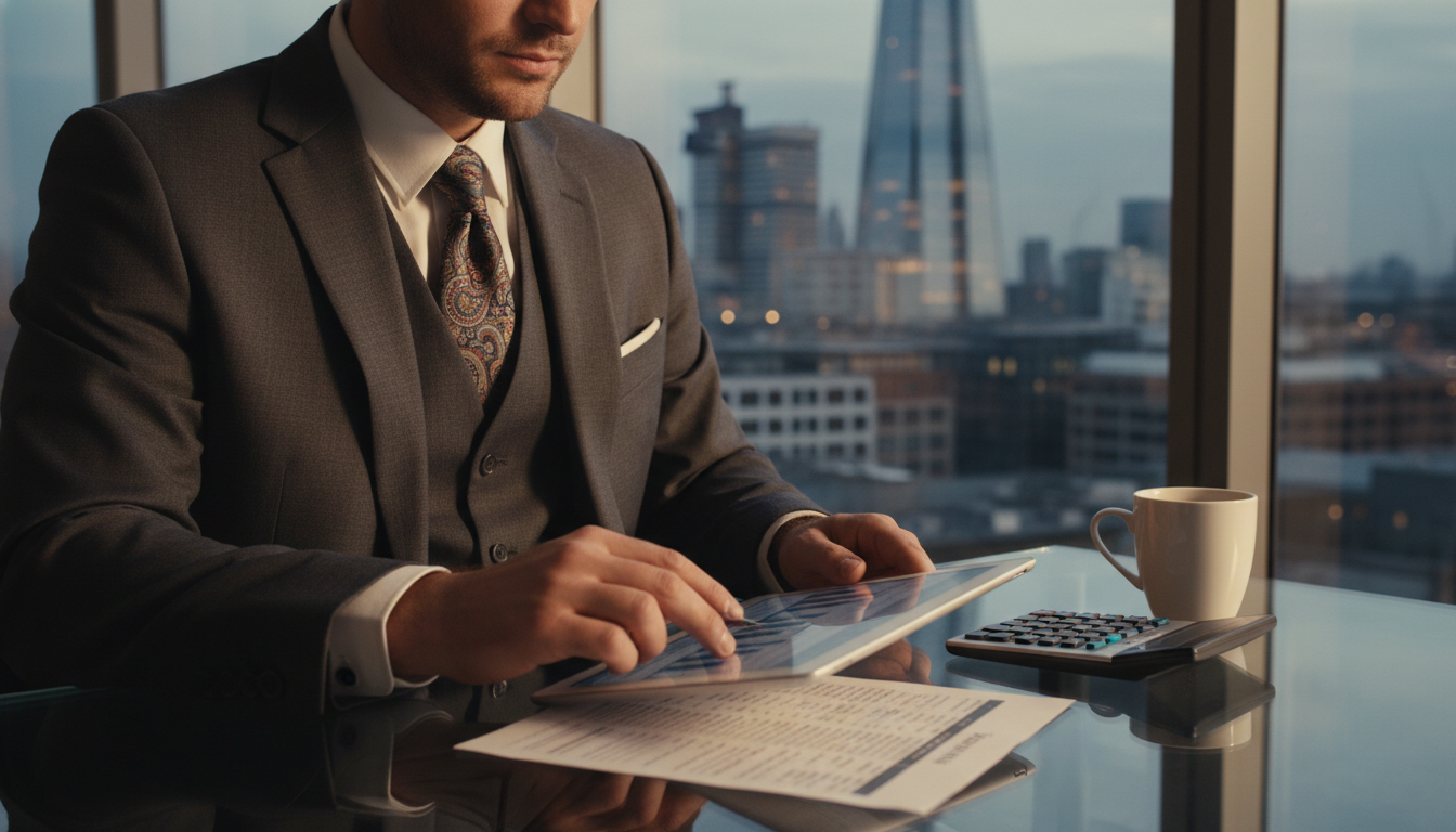 A photorealistic image of a professional American businessman in a modern suit, sitting at a glass desk in a high-rise office with a blurred view of the London skyline and The Shard in the background. He is reviewing complex financial spreadsheets and tax documents on a tablet, with a calculator and a cup of coffee nearby, warm cinematic lighting, 8k resolution.