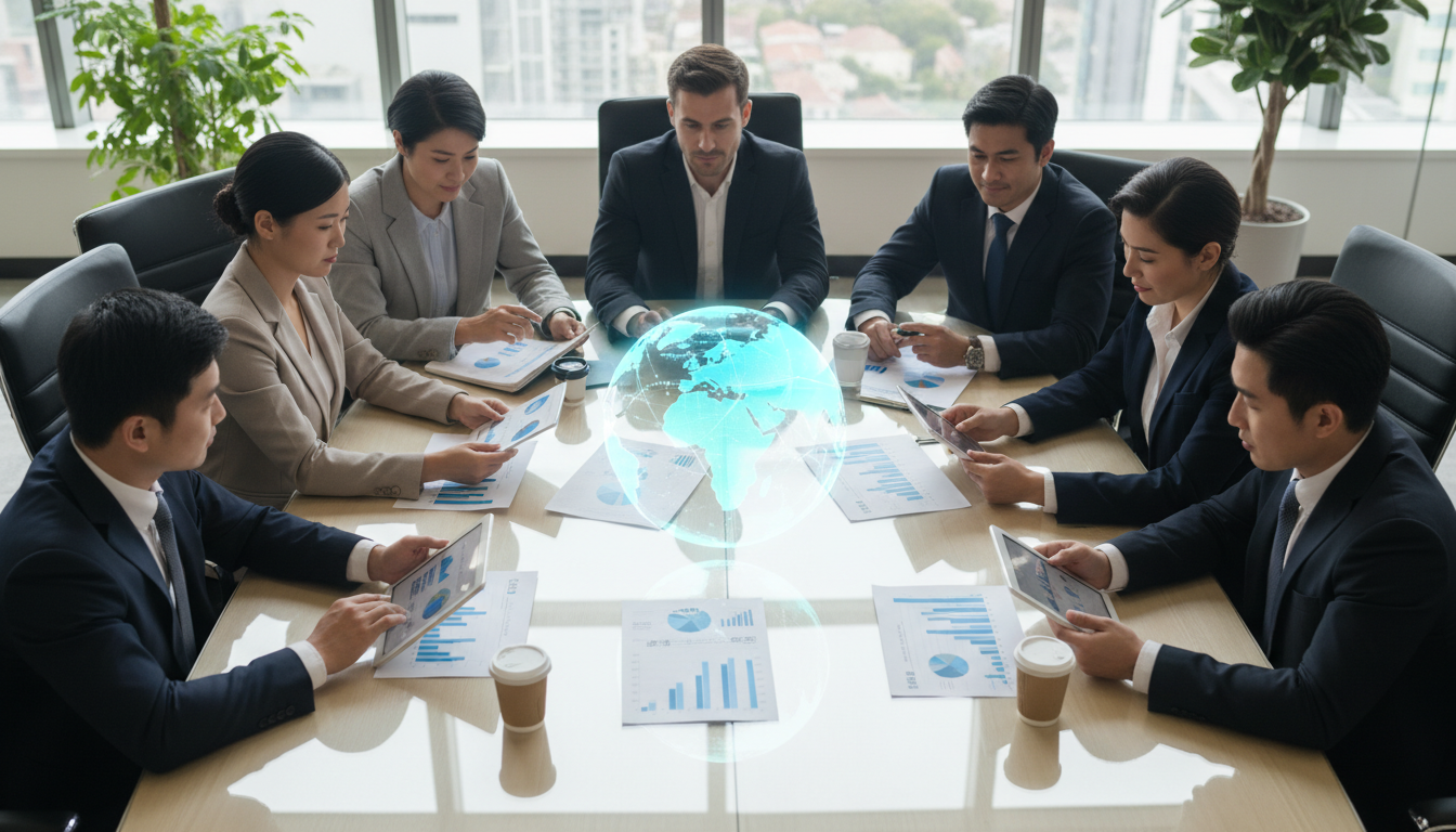 A high-angle, photorealistic shot of a diverse group of corporate professionals sitting around a modern conference table, analyzing comparative charts of health insurance plans on tablets and papers, with a digital holographic globe floating in the center highlighting international connections, soft natural office lighting.