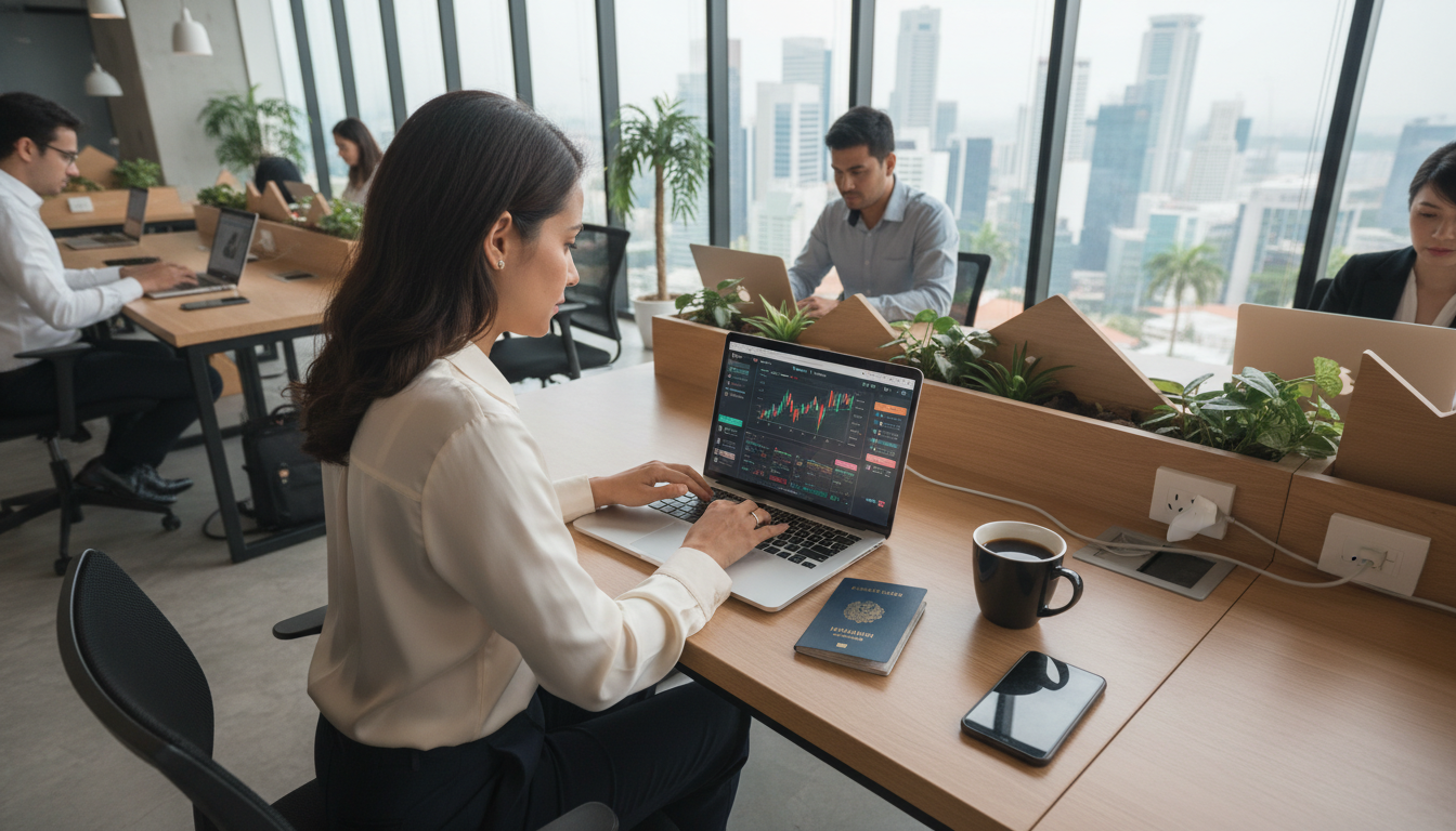 A photorealistic, high-angle shot of a professional expat working on a laptop in a modern, sunlit co-working space in Singapore or Dubai. The laptop screen displays financial charts and a multi-currency banking dashboard. On the desk, there is a passport, a cup of coffee, and a smartphone. The lighting is natural and professional, emphasizing a sophisticated business atmosphere.