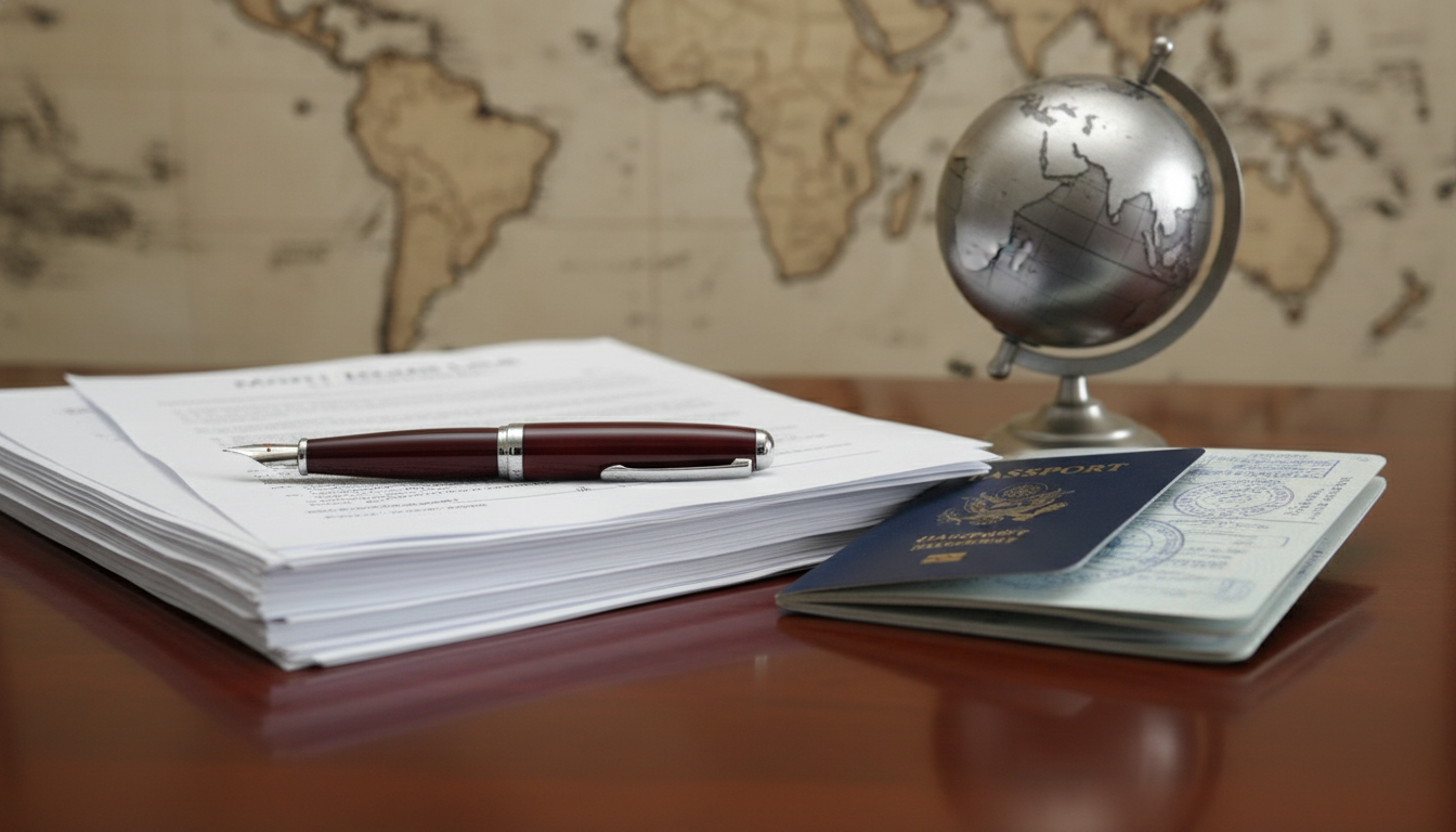 A photorealistic close-up of a mahogany office desk featuring a blurred world map in the background, a sleek fountain pen resting on a stack of mortgage loan documents, a passport, and a metallic globe paperweight, symbolizing high-end international business finance.